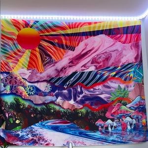 trippy psychedelic mountain sun hippy tapestry